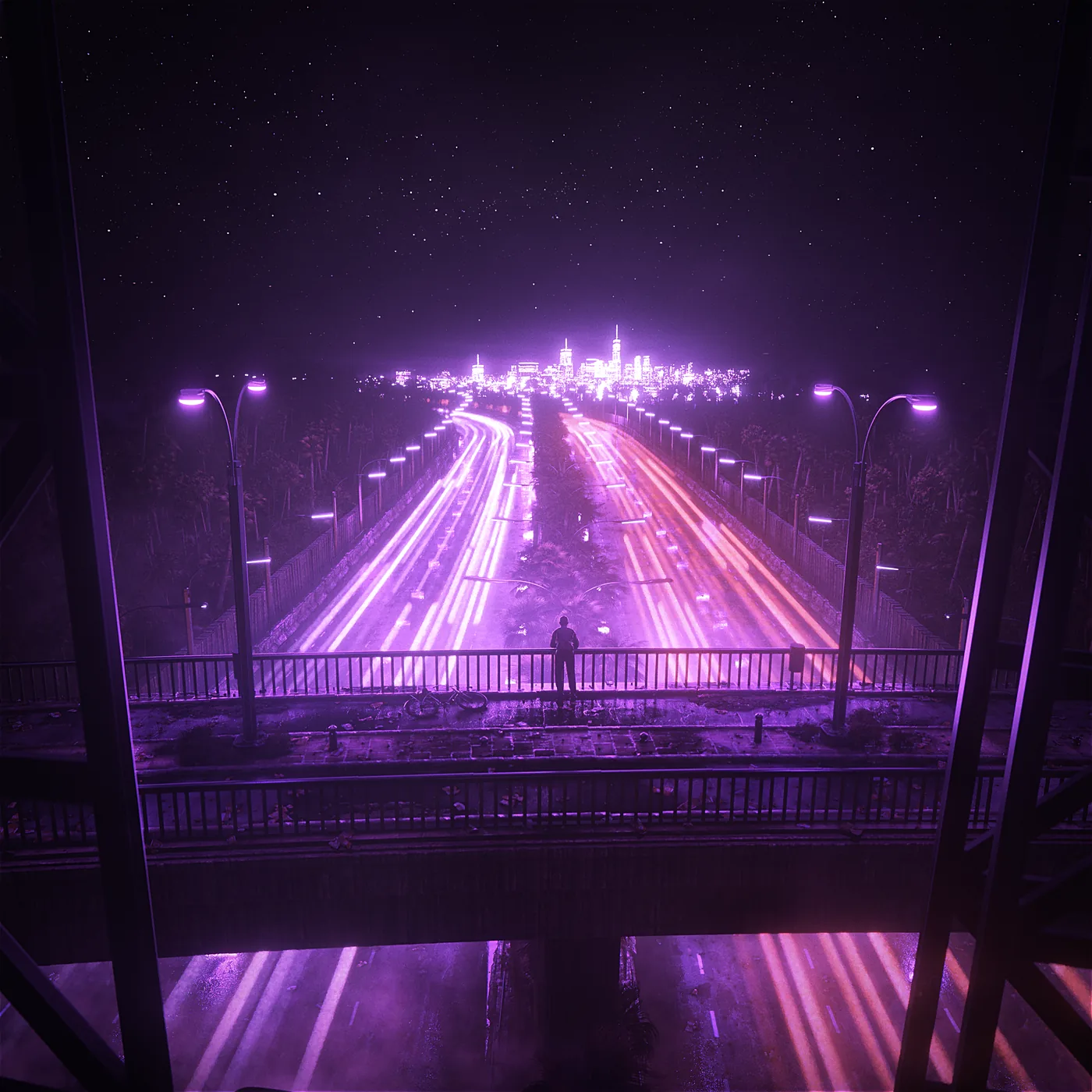 Flow, animated loop by Retric Dreams: a lone figure on a bridge above a highway of violet light trails leading to a glowing city.